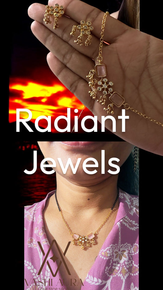 Black Beads chain with Pink stone Pendant with earrings