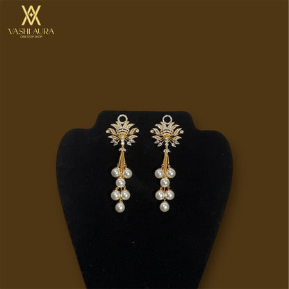 Cascading White Pearl Drops With Broad Stud Filled With Small White CZs