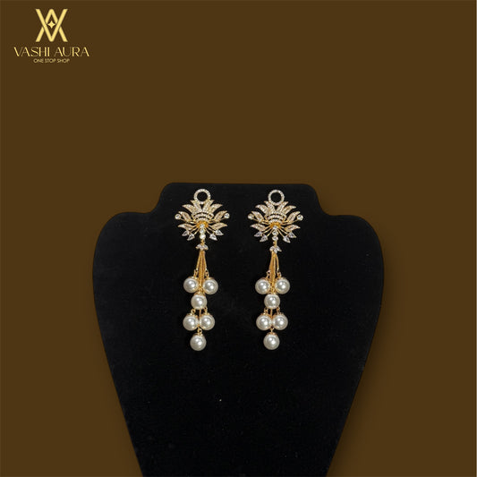 Cascading White Pearl Drops With Broad Stud Filled With Small White CZs