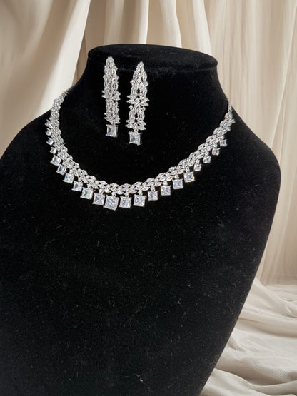 Elegant neckset with square shaped white CZ's