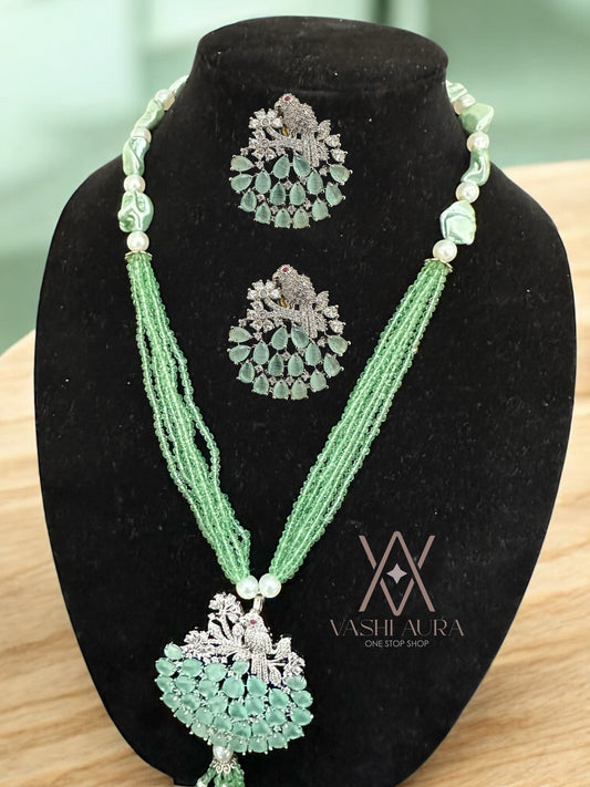Long Chain made with Green Baroque Pearls and Emerald GemStone