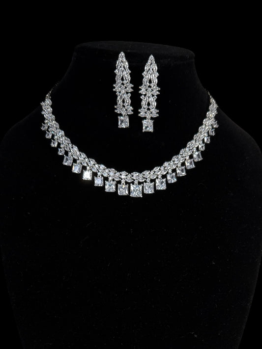Elegant neckset with square shaped white CZ's