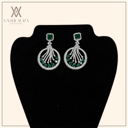Circle Earrings With Green And White CZS
