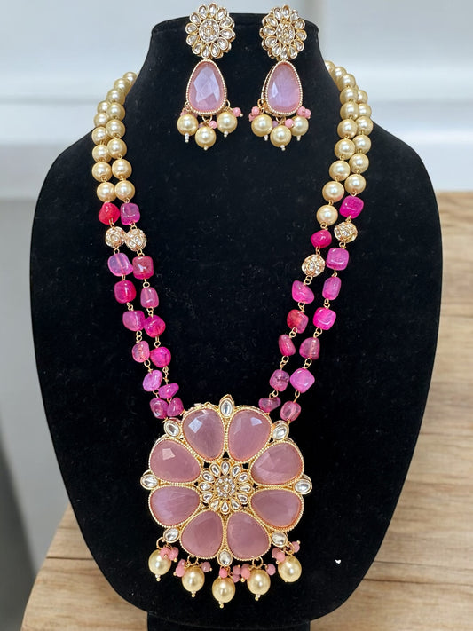 Wedding Style Long Chain with Ruby Glass Beads and Pearls.