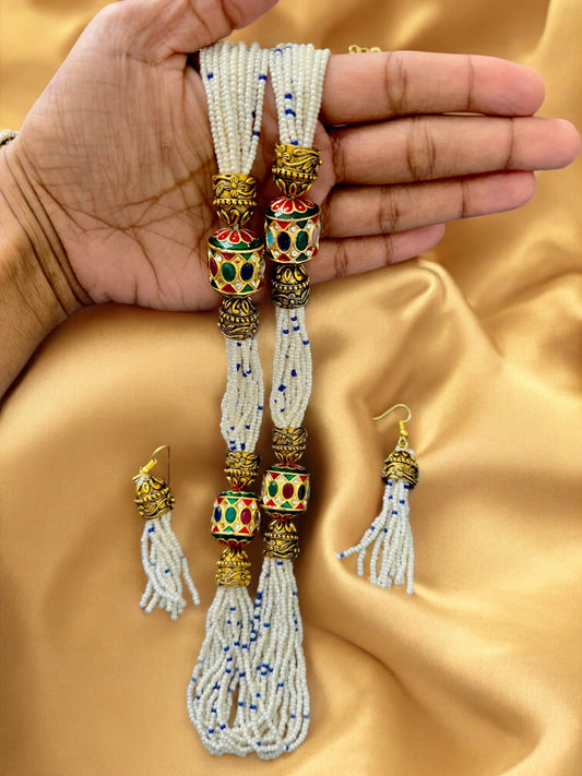 Long Chain with White Seed Pearl Beads complemented with 2 side beads