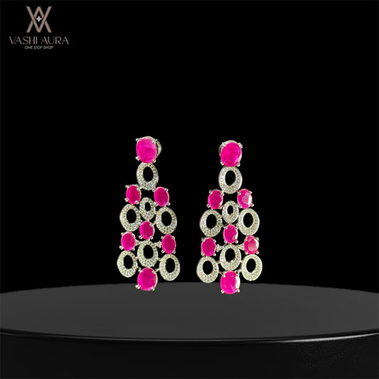 Long Earrings With Alternate Ovals Filled With Oval Pink CZs