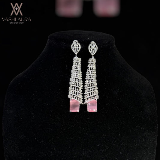 Wedding Style Earring with Big Rectangular Pastel Pink CZ Hanging on the End
