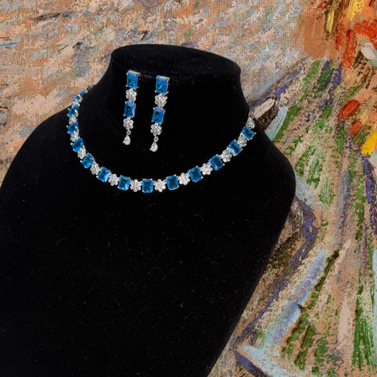 Neck chain with sky blue colored CZ stone in single layer