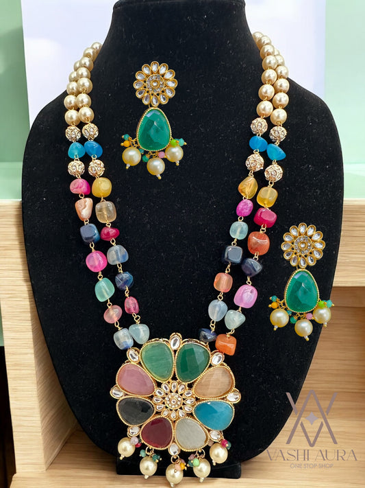 Multistone Onyx and Kundan Floral Theme Long Necklace