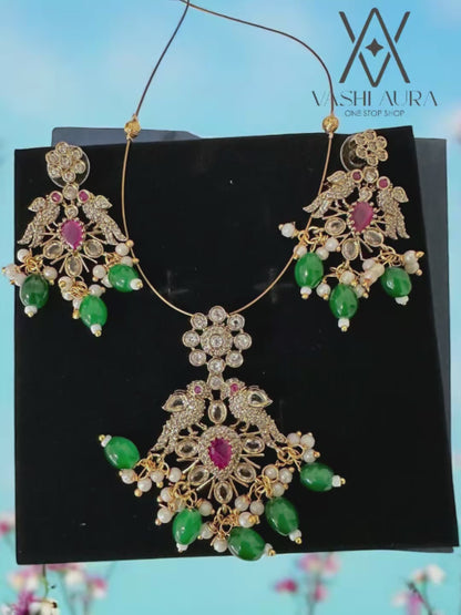 Invisible Chain with Removable Ruby and Emerald Peacock Pendant