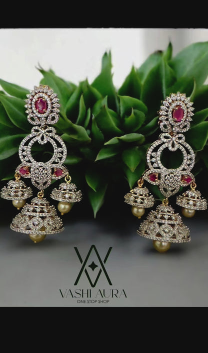CZ Long Jhumkas with Pink Stone Stud and Trihanging Jhumkas