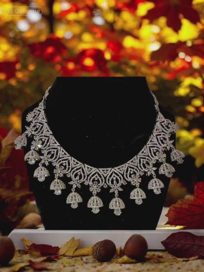 Heartfully designed CZ Neckset with Jhumka Hangings with Green Color Flowers