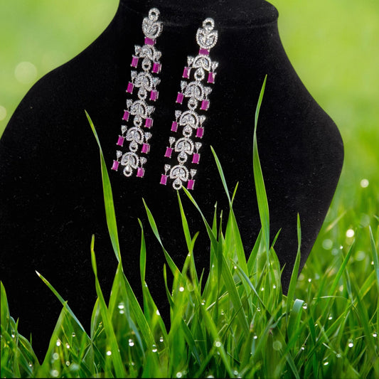 Wedding style long earrings with Pink and White CZs