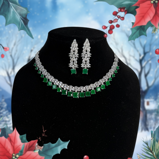 Single layered neckset with square shaped green CZ dazzlers