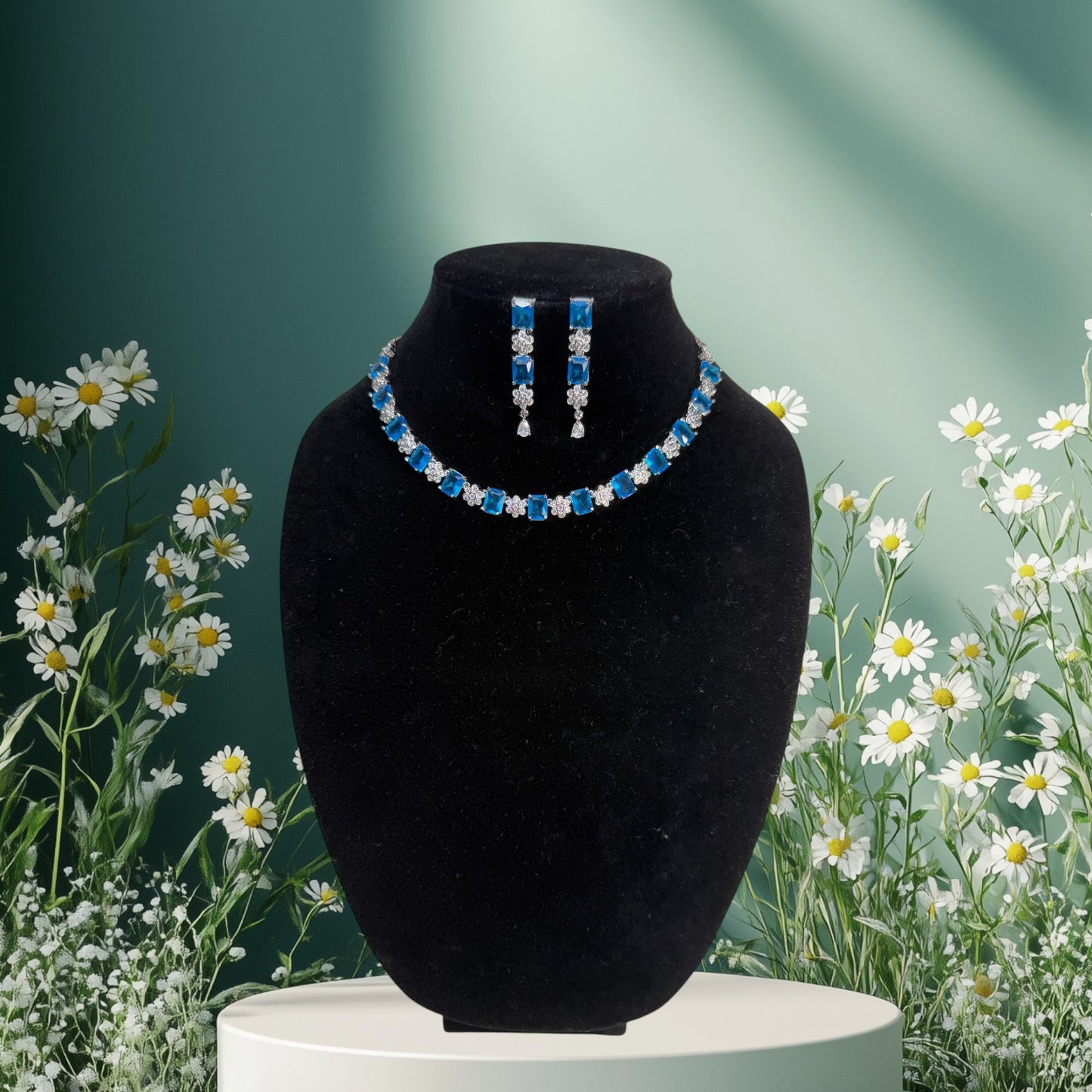 Neck chain with sky blue colored CZ stone in single layer
