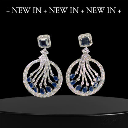 Royal Blue Square CZ on Stud and Round CZ with Blue Drops on Bottom