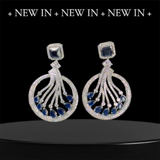 Royal Blue Square CZ on Stud and Round CZ with Blue Drops on Bottom
