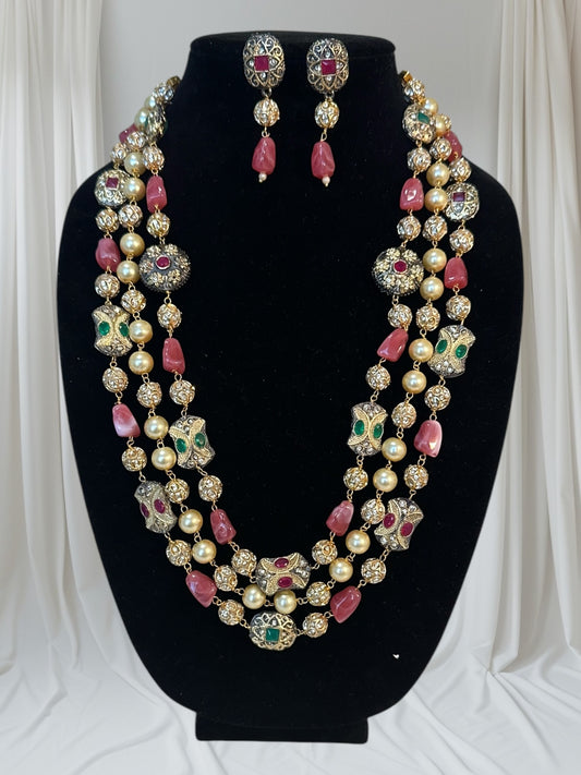 3 Layered Long Chain with Nakshi Balls and Coral Beads