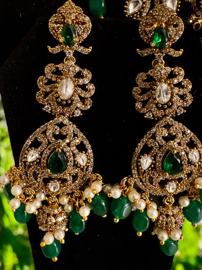 Victorian Long Haram with Peacocks Half Jhumkas and green beads
