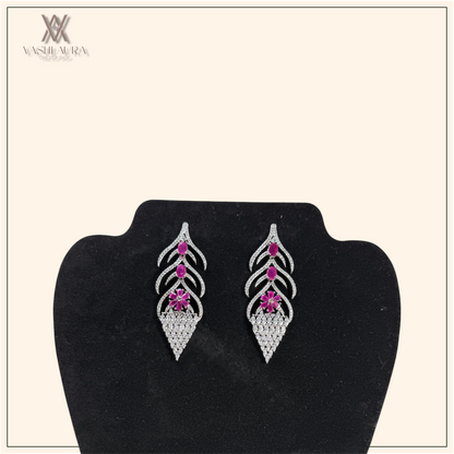 Leaf-Shaped Earrings with Pink and White Different Sized CZs