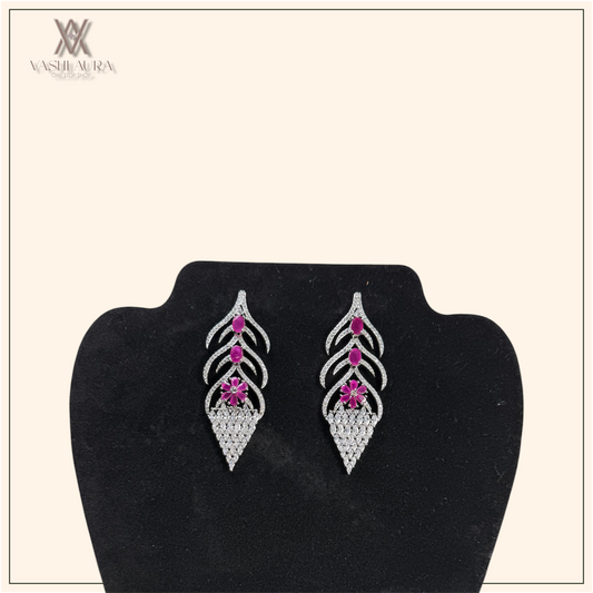 Leaf-Shaped Earrings with Pink and White Different Sized CZs