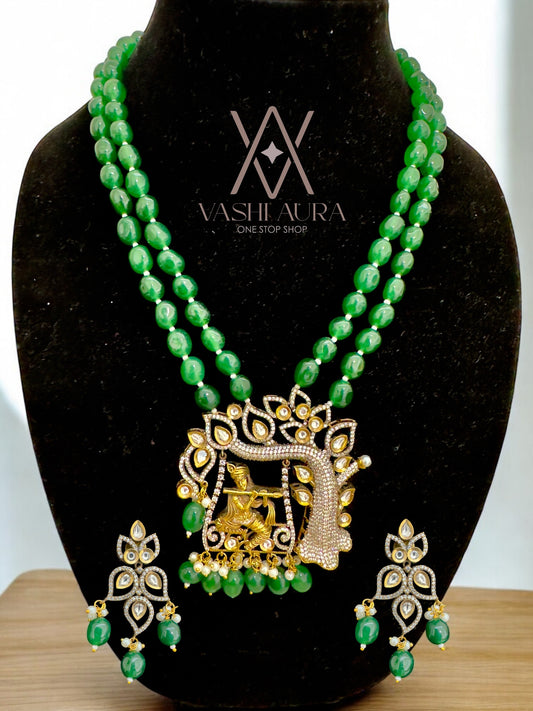 Lord Krishna Pendant with Green GemStones Uncut Diamond and CZ
