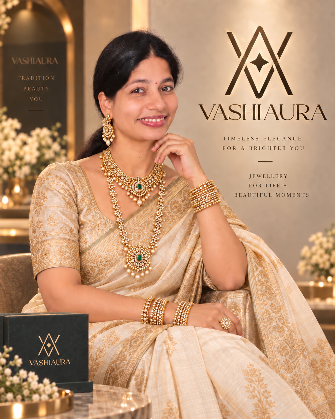 Vashiaura: timeless elegance for a brighter you. A woman wearing traditional gold-tone necklaces, earrings and bangles with a cream saree.